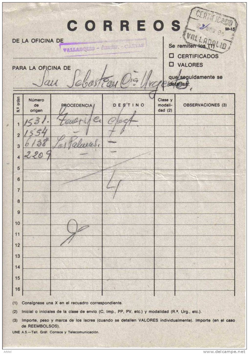 DOCUMENTO INTERNO DE CORREOS CON MAT CERTIFICADO VALLADOLID AL DORSO MAT URGENTE DE SAN SEBASTIAN - Errors & Oddities