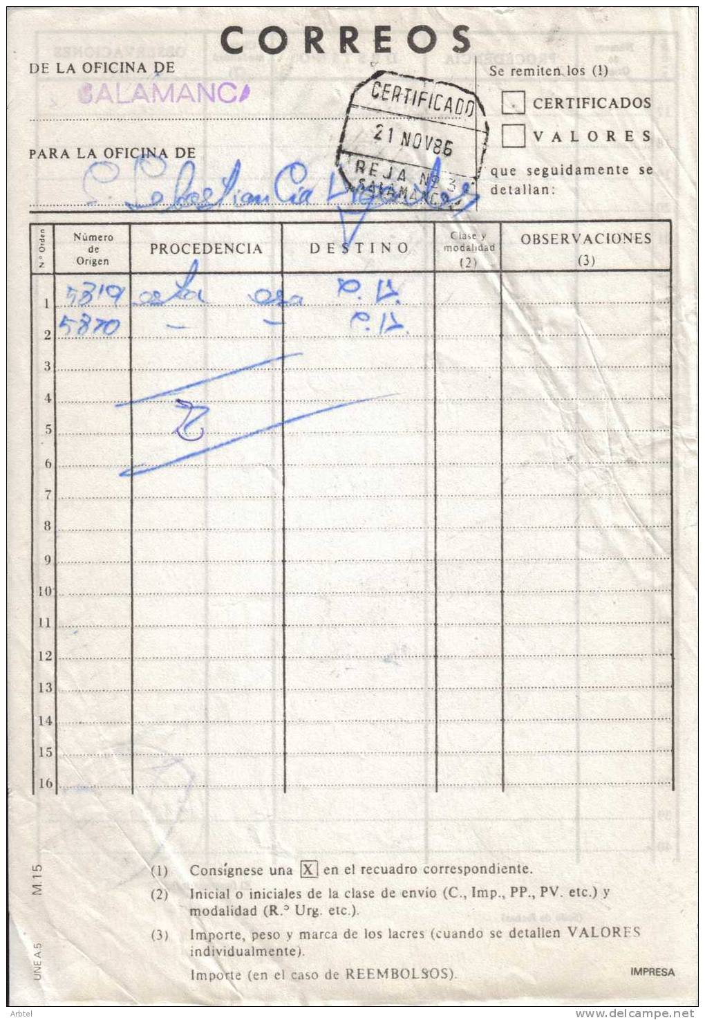 DOCUMENTO INTERNO DE CORREOS CON MAT CERTIFICADO REJA NUM 3 SALAMANCA AL DORSO MAT URGENTE SAN SEBA - Errors & Oddities