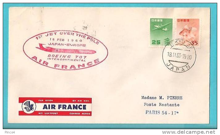 COVER 1ST JET OVER THE POLE 18 FEB. 1960 JAPAN EUROPE BOEING 707 AIR FRANCE - Airmail