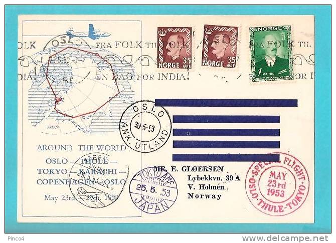 CARD SPECIAL FLIGHT OSLO - THULE - TOKYO 23 MAY 1953 - Lettres & Documents