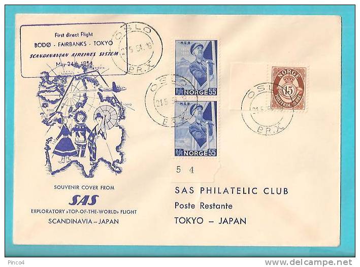 COVER FIRST DIRECT FLIGHT BODO - FAIRBANKS - TOKYO 24 MAY 1954 SCANDINAVIAN AIRLINES - Covers & Documents