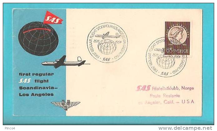 COVER FIRST REGULAR FLIGHT  STOCKHOLM - LOS ANGELES VIA GREENLAND 15 - 11 - 1954 - Lettres & Documents