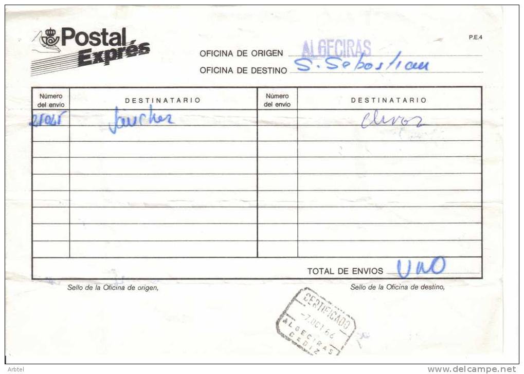DOCUMENTO INTERNO DE CORREOS CON MAT CERTIFICADO ALGECIRAS CADIZ 1986 - Errors & Oddities