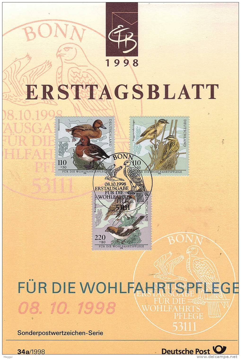 ALLEMAGNE  Carte  Notice 1er Jour  1998  Oiseaux   Canard - Anatre