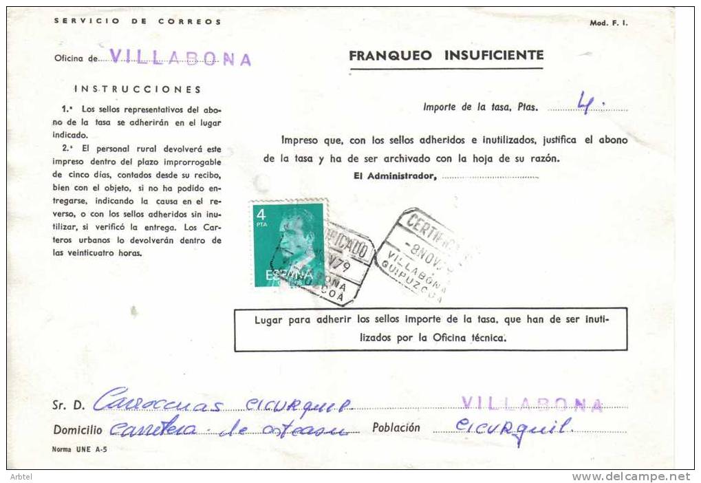 DOCUMENTO INTERNO DE CORREOS INSUFICIENCIA DE FRANQUEO 1979 CON MAT CERTIFICADO VILLABONA GUIPUZCOA - Plaatfouten & Curiosa