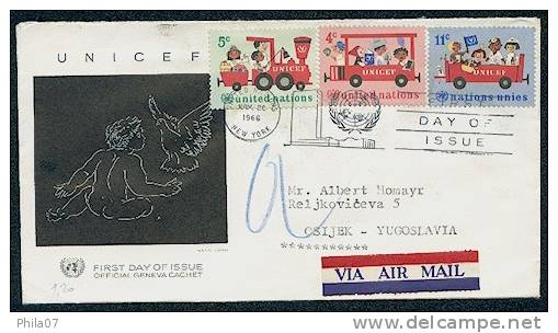 USA - F. D. C. UNICEF Cover With Image Of Child And Three UNICEF Stamps. Letter Sent By Airmail From New York To Osijek - Autres & Non Classés
