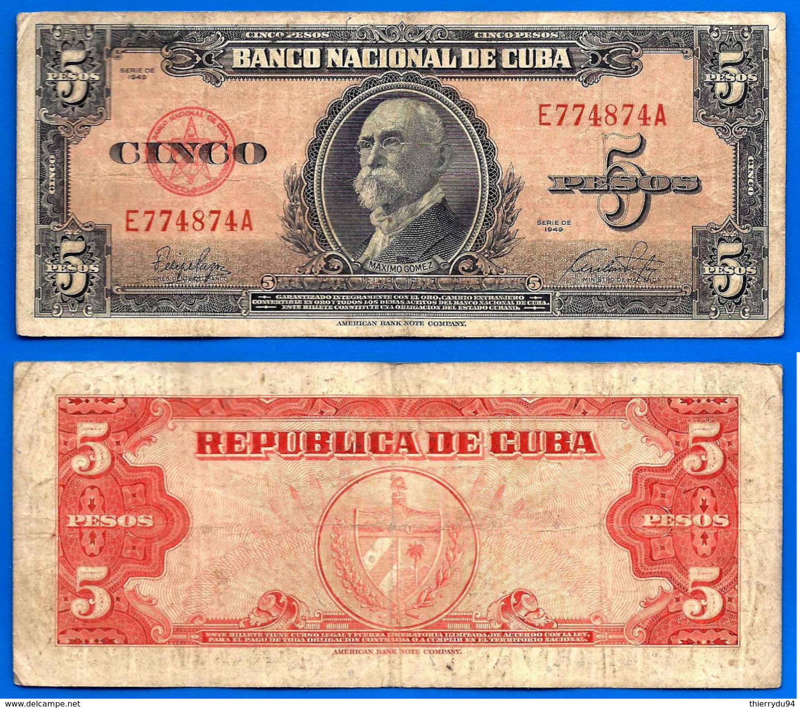 Cuba 5 Pesos 1949 Serie E Maximo Gomez Kuba Peso Centavos Centavo Caraibe Skrill Paypal Bitcoin OK! - Cuba