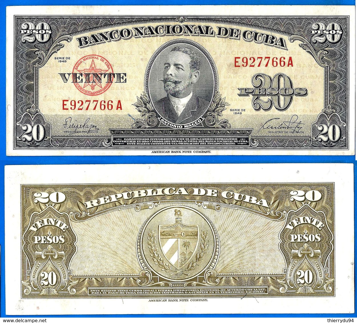 Cuba 20 Pesos 1949 Antonio Maceo Kuba Peso Centavos Centavo Caraibe Bitcoin Paypal OK! - Cuba