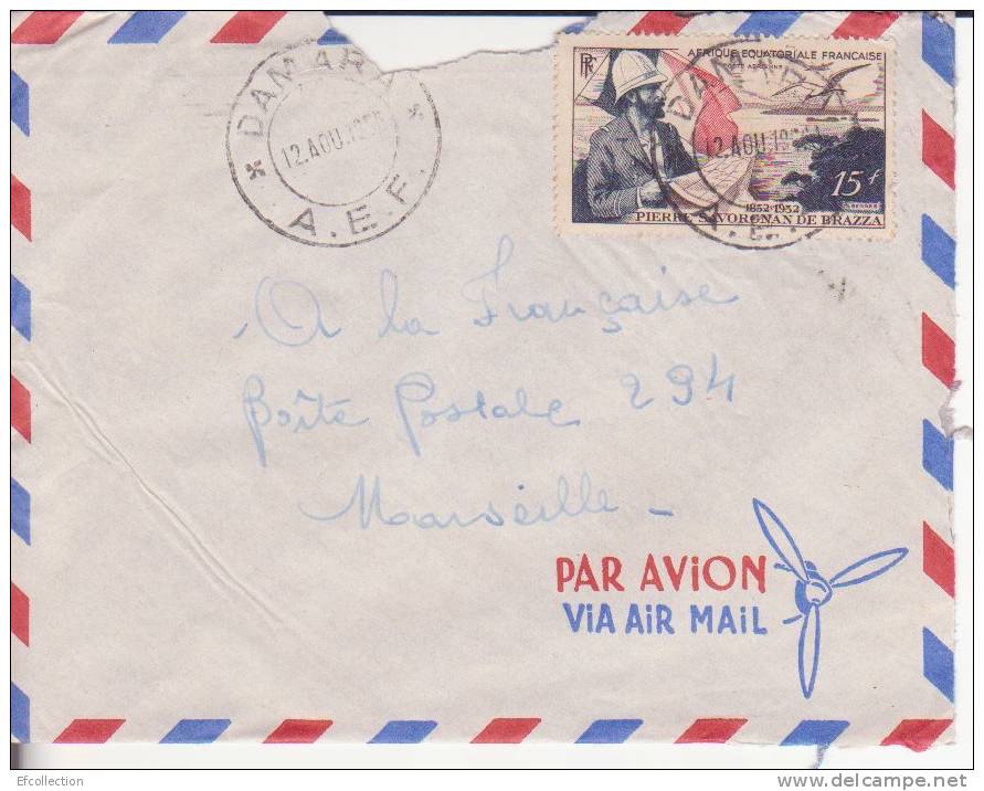 AEF,Oubangui,Damara Le 09/08/1955 > France,lettre,Colonies,po Ste Aérienne,explorateur Savorgnan Brazza,15f N°55 - Autres & Non Classés