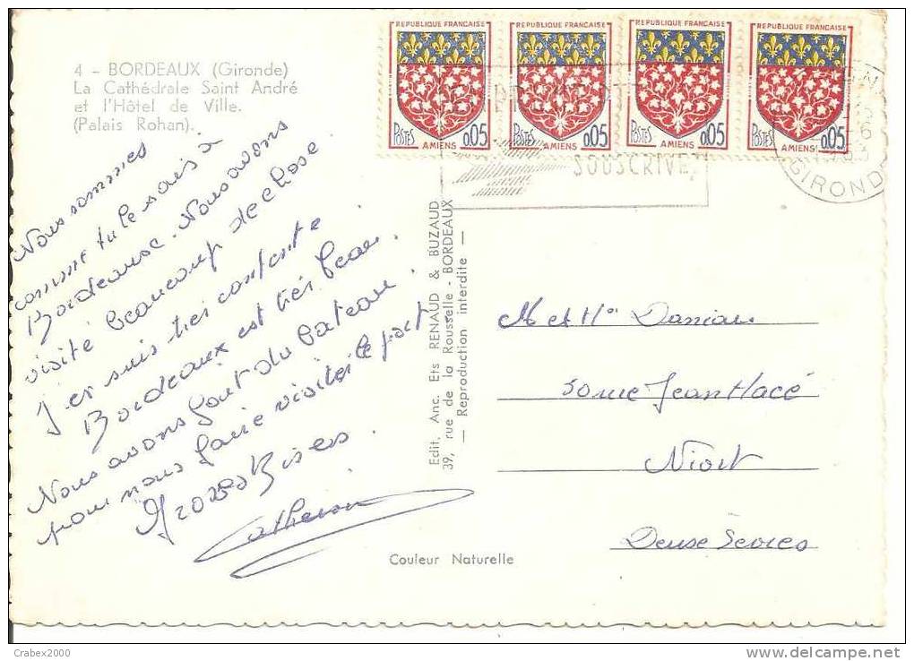 N°1352X4 CP BORDEAUX        Vers    NIORT      Le    11 MAI 1963 - Storia Postale