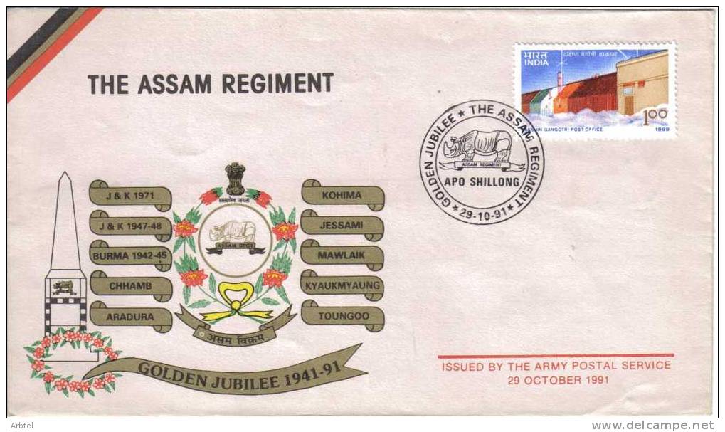 INDIA 1991 MAT ESPECIAL REGIMIENTO DE ASAM EJERCITO RINOCERONTE FAUNA EJERCITO SOLDADO - Rinocerontes