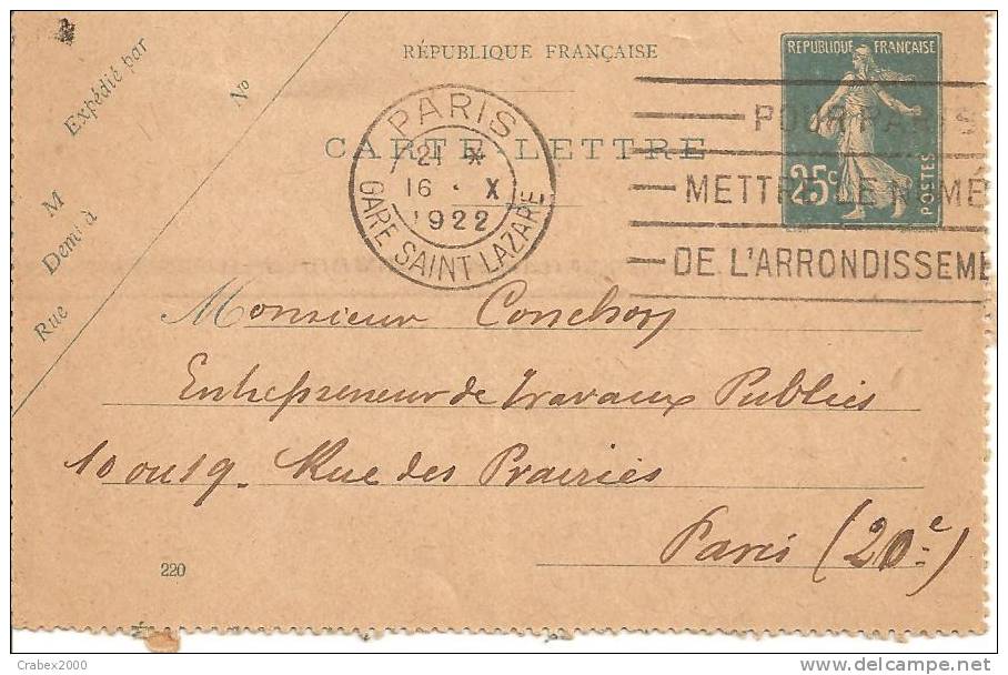 N°   CARTE LETTRE   PARIS Vers PZARIS Le 16 OCTOBRE 1922 - Kaartbrieven