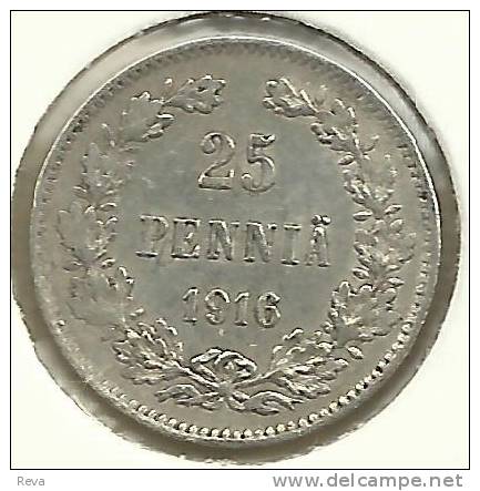 FINLAND 25 PENNIA  WREATH FRONT RUSSIAN EAGLE WITH CROWN BACK 1916 S SILVER EF KM6(?) READ DESCRIPTION CAREFULLY !!! - Finlande