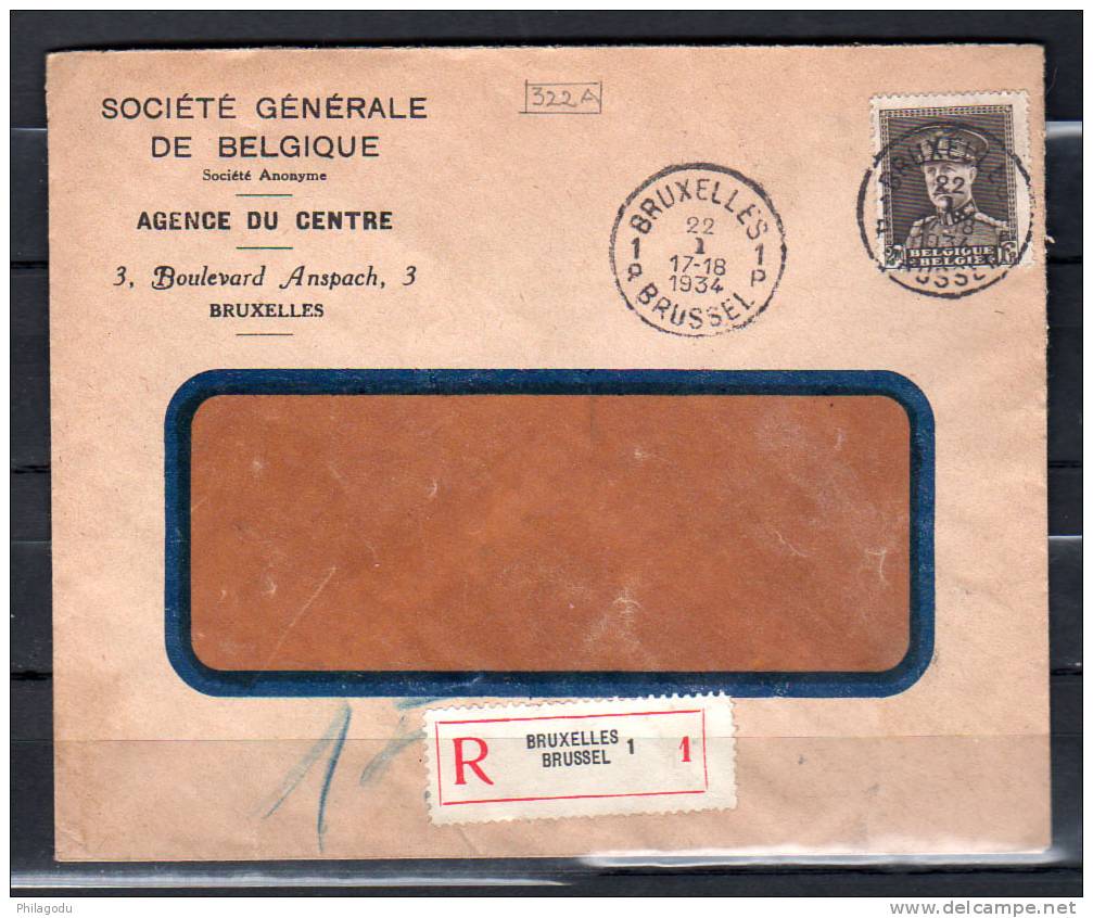 N° 322 A   Albert Képi Sur Lettre Soc. Générale De Belgique, Ø 22/1/1934 - 1931-1934 Képi