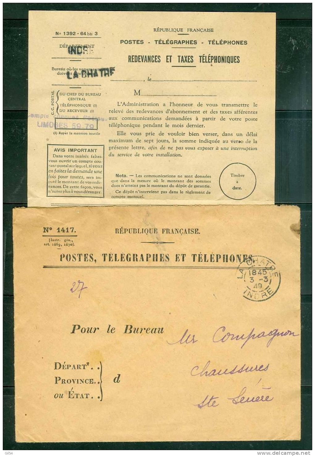 Redevances Et Taxes Telephoniques  La Chatre  En Janv 1949 + 8 TiCKETS TELEPHONES   ( 4 Scans ) - AA124 - Telegraphie Und Telefon