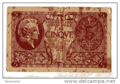 BILLET ITALIE - ROYAUME - P.31 - 23/11/1944 - BIGLIETTO DI STATO ITALIA 5 LIRE - Italia – 5 Lire