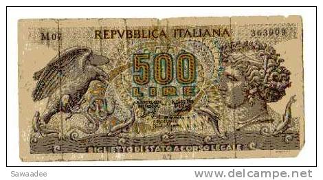 BILLET ITALIE - P.93a - 1966 - 500 LIRES - ARETHUSE - AIGLE CHASSANT UN SERPENT - DAUPHIN - 500 Lire