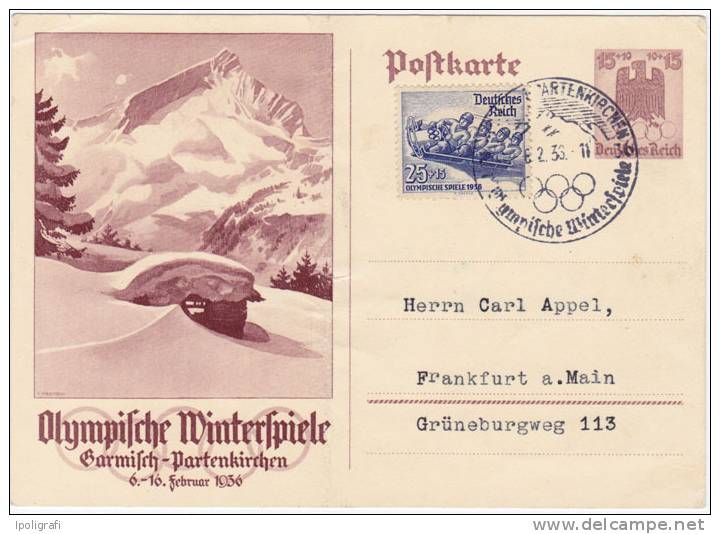 Germany - 1936 - Postal Card, Winter Olympic Games, Garmisch-Partenkirchen 15+10 Pf. Brown-purple, Special Cancell. - Winter 1936: Garmisch-Partenkirchen