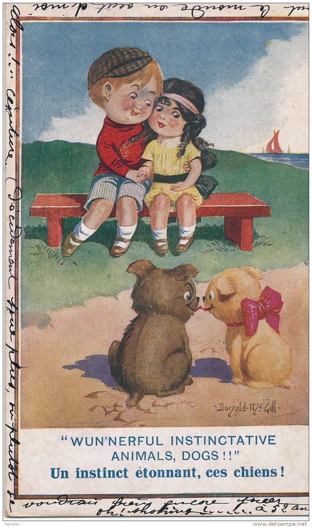 Très Jolie Carte Fantaisie Enfants Et Chiens "Wun'nerful Instinctative Animals, Dogs!!" Signée Donald Mc Gill - Mc Gill, Donald