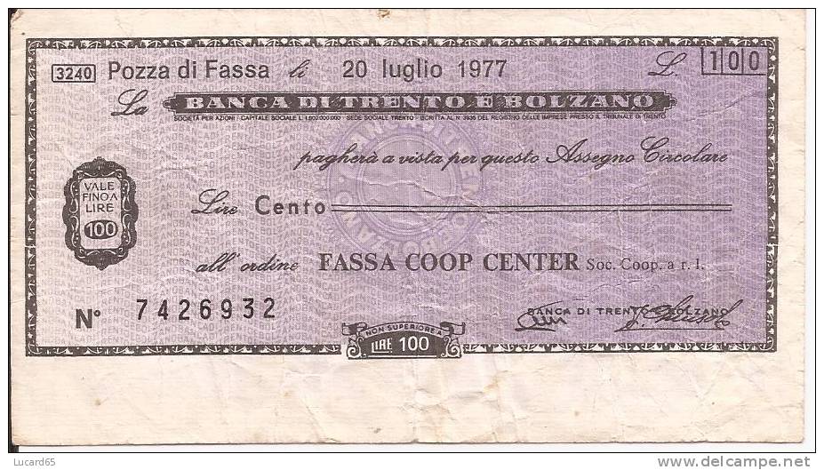 MINI ASSEGNI - BANCA DI TRENTO E BOLZANO LIT. 100 - 1977 - [ 4] Emissioni Provvisorie