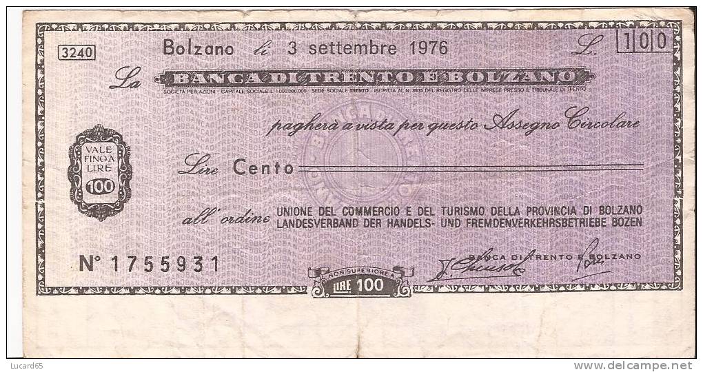 MINI ASSEGNI - BANCA DI TRENTO E BOLZANO LIT. 100 - 1976 - [ 4] Vorläufige Ausgaben