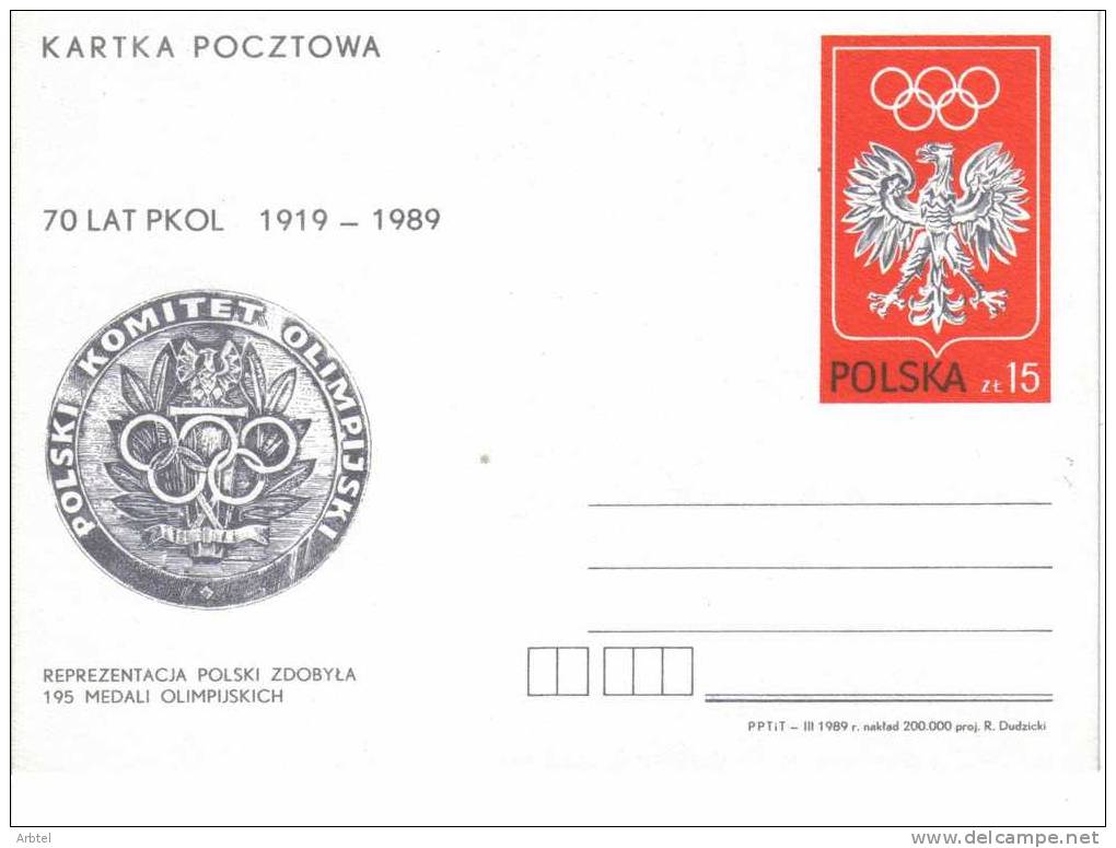 POLONIA ENTERO POSTAL 1989 70 AÑOS COMITÉ OLIMPICO DE POLONIA DEPORTE OLMPIADA MEDALLA HERÁLDICA - Otros & Sin Clasificación