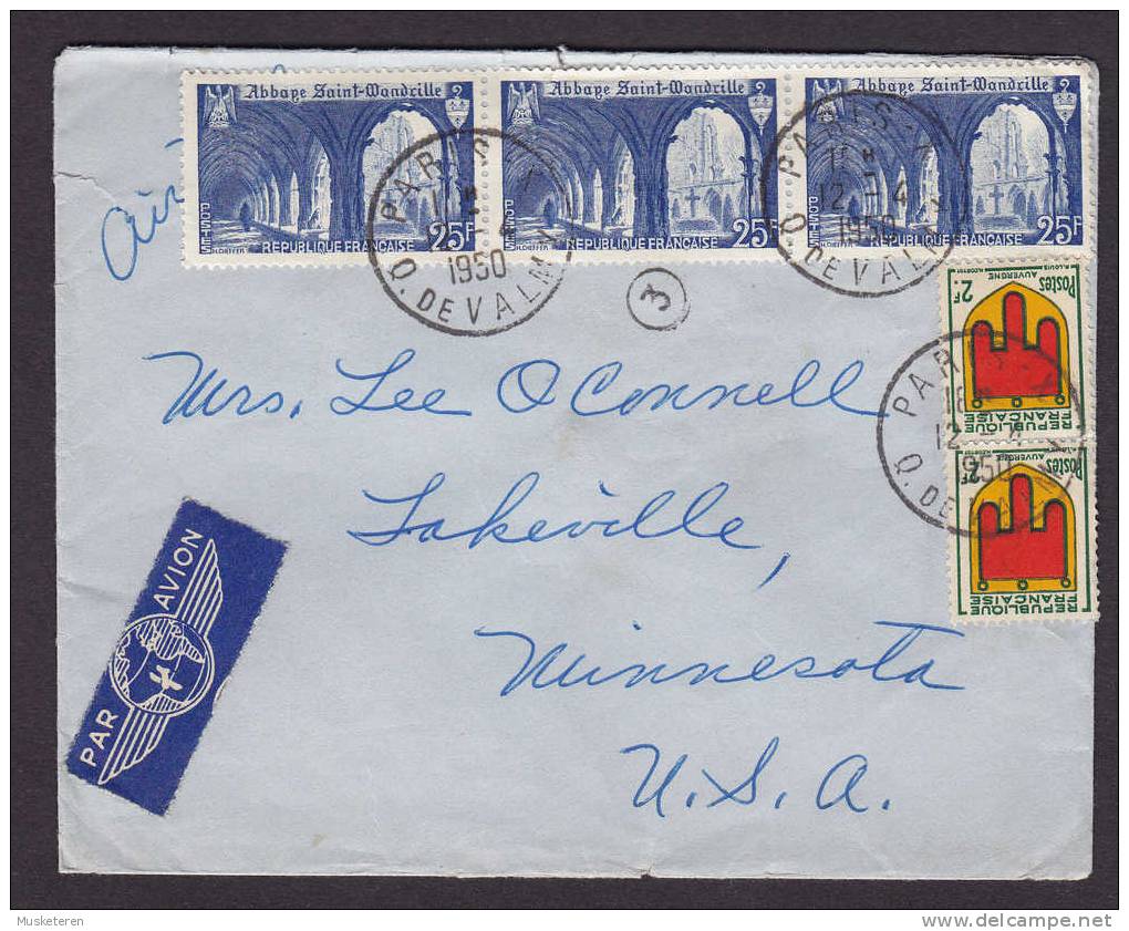 France Airmail Par Avion Label PARIS Q. De Valmy 1950 Cover To JACKVILLE Minnesota USA Etats Unis Marianne - Otros & Sin Clasificación