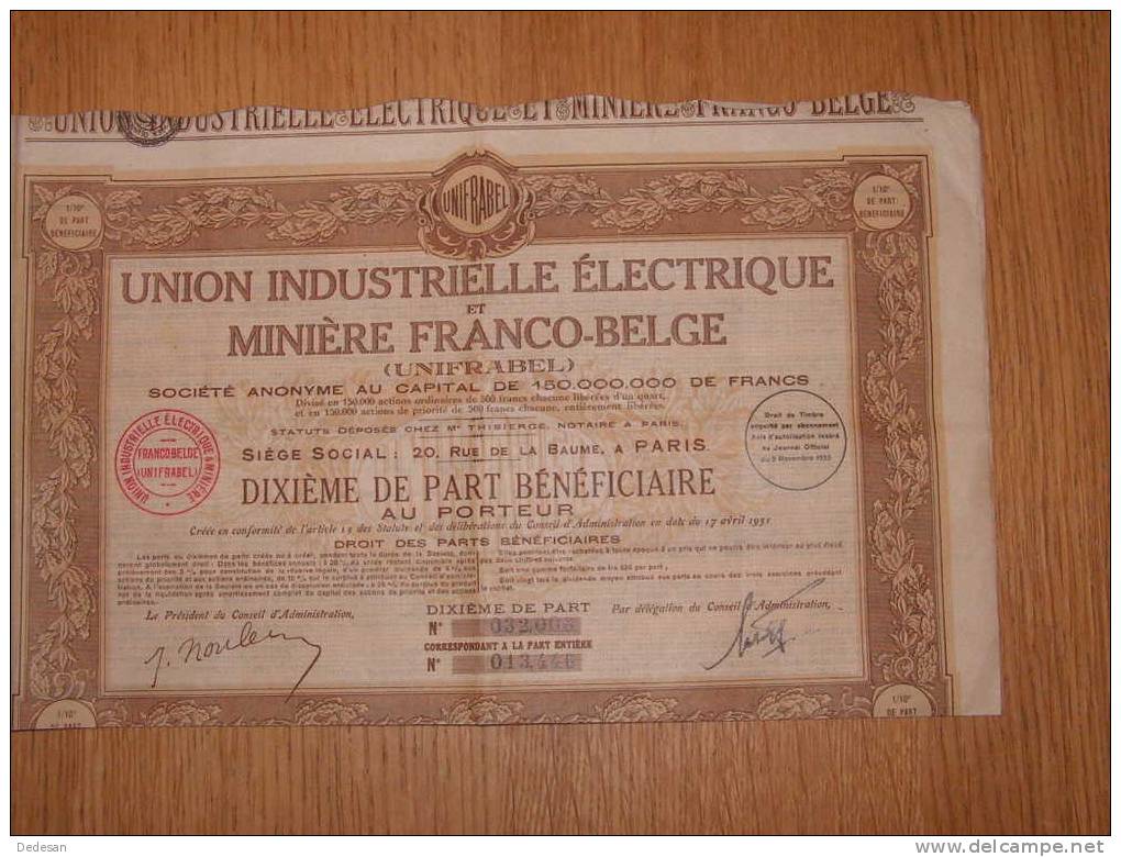 Union Industrielle électrique Et Miniere Franco Belge Unifrabel 1931 Complet Avec Ses 30 Bons Au Porteur - Mines