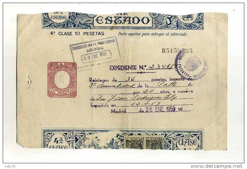 - ESPAGNE . ENTIER FISCAL OBLITERE SUR DOCUMENT DE 1959 ABIME - Fiscale Zegels