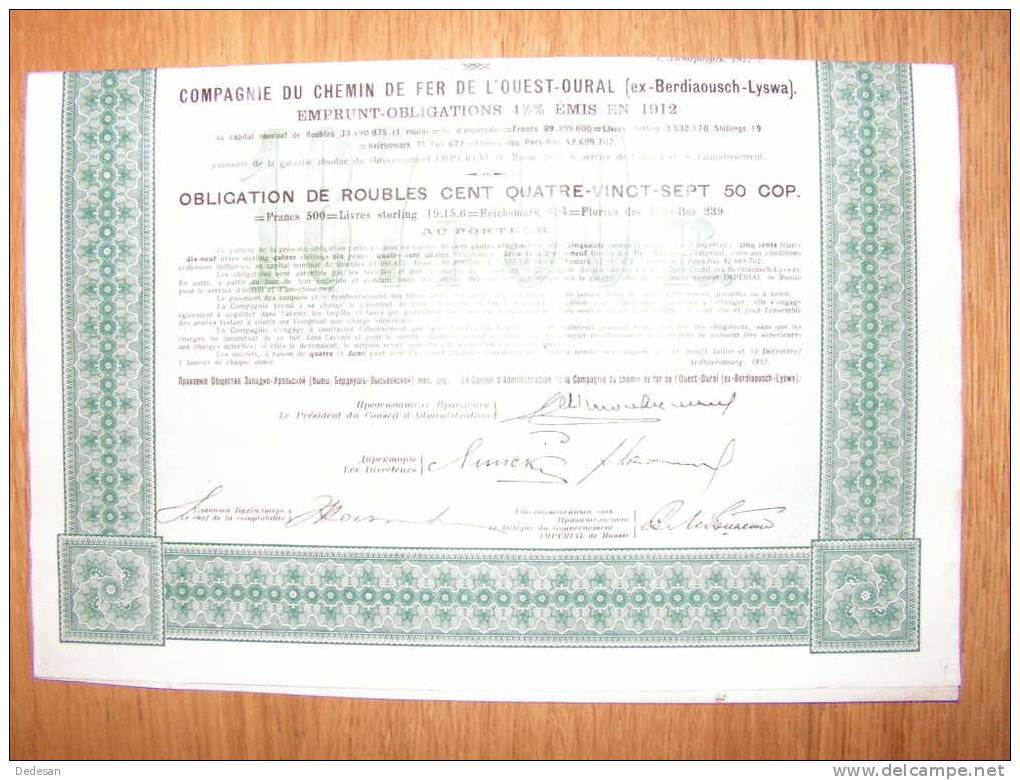 Compagnie Du Chemin De Fer De L´ Ouest Oural ( Berdiaousch Lyswa ) Emprunt Obligation 4 1/2 % émis En 1912 - Chemin De Fer & Tramway