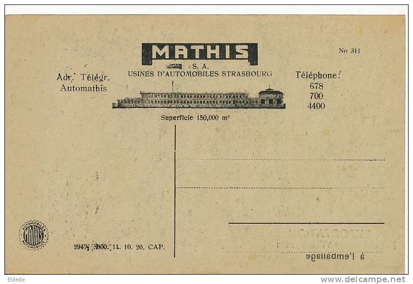 Strasbourg Autos Mathis Exportation Les Chassis Prets A L Emballage Pub Au Dos - Voitures De Tourisme