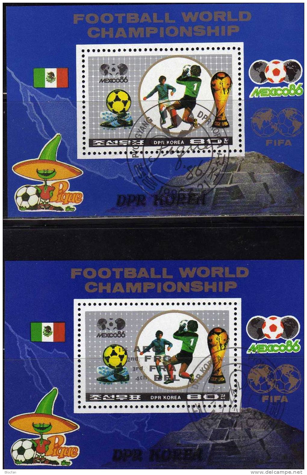 Gewinner Der Fussball WM 1986 Korea Block 213 Plus 221 O 4€ Aufdruck In Schwarz Overprint Soccer Bloc Sheet From Corea - Corée Du Nord