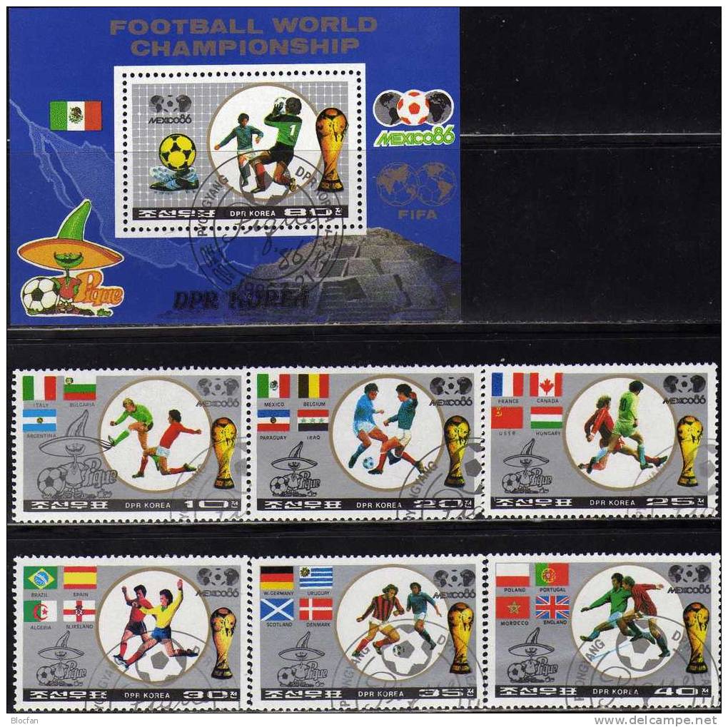 Teams Zur Fussball WM Mexiko 1986 Korea 2728/33 Plus Block 213 O 6€ Flaggen Der Nationen Bloc Sheet From Corea - Corée Du Nord