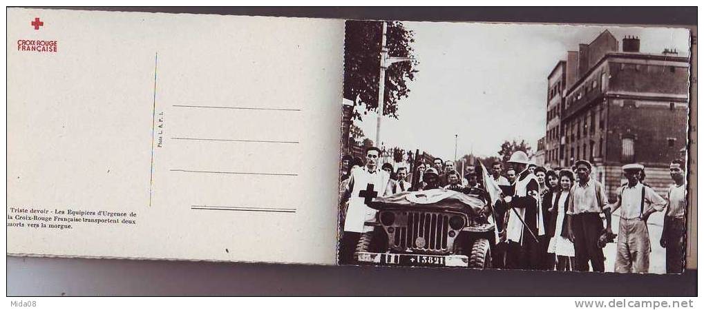 la CROIX ROUGE FRANCAISES. CARNET DE 12 C.P. DANS LA BATAILLE DE FRANCE 1944. JEEP. DRAPEAU F.F.I.