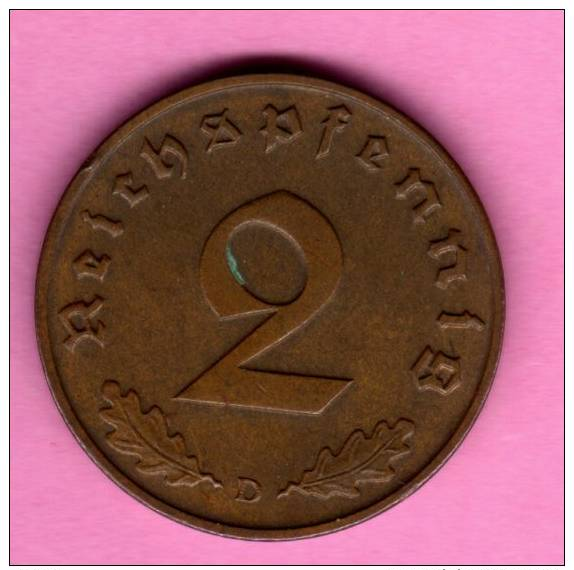 Tercer Reich / 3rd Reich / 3.Reich  **   2 Reichspfennig 1938 D **   KM#90  ALEMANIA GERMANY DEUTSCHLAND - 2 Reichspfennig