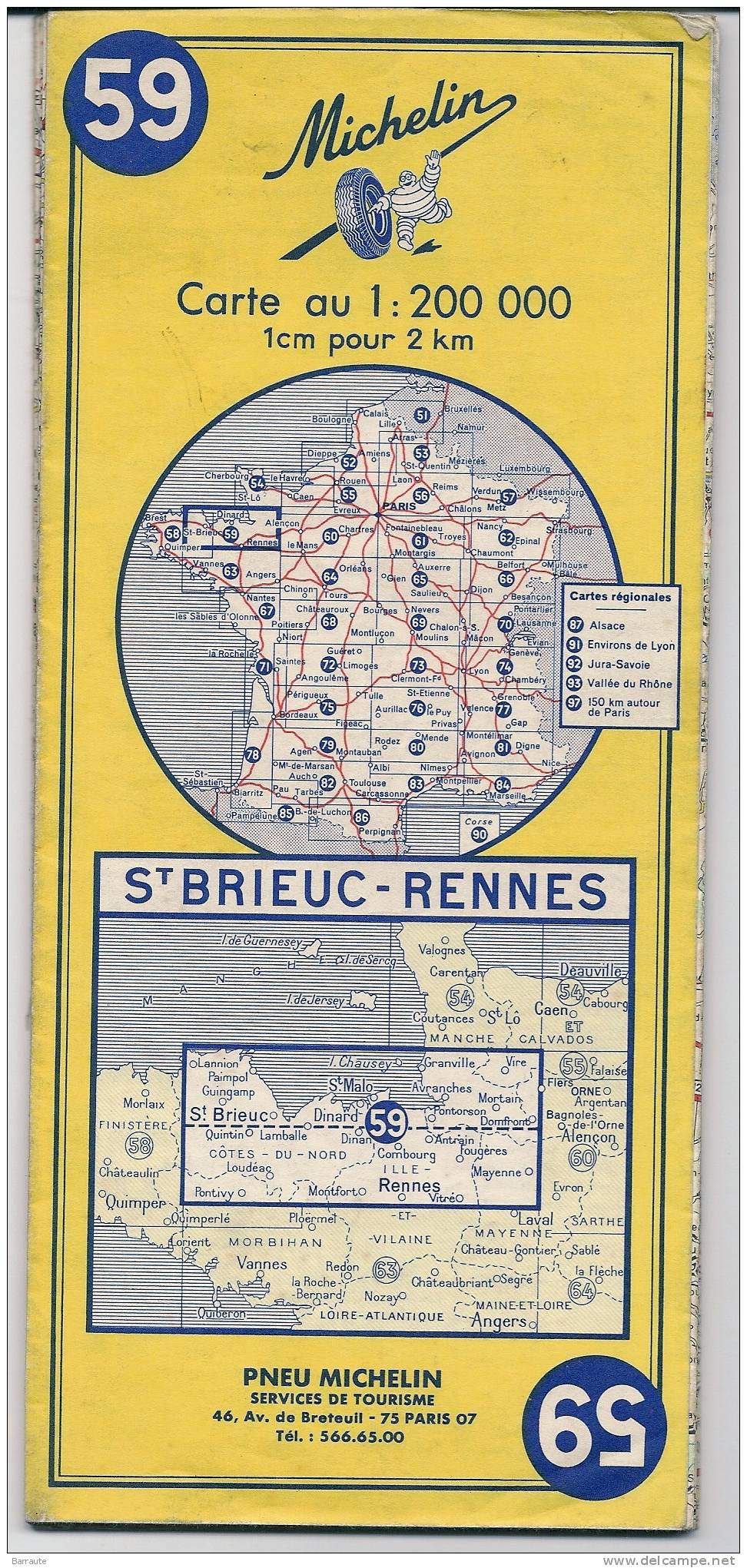 Carte Michelin N°59 St-BRIEUC - RENNES De 1970. - Cartes Routières