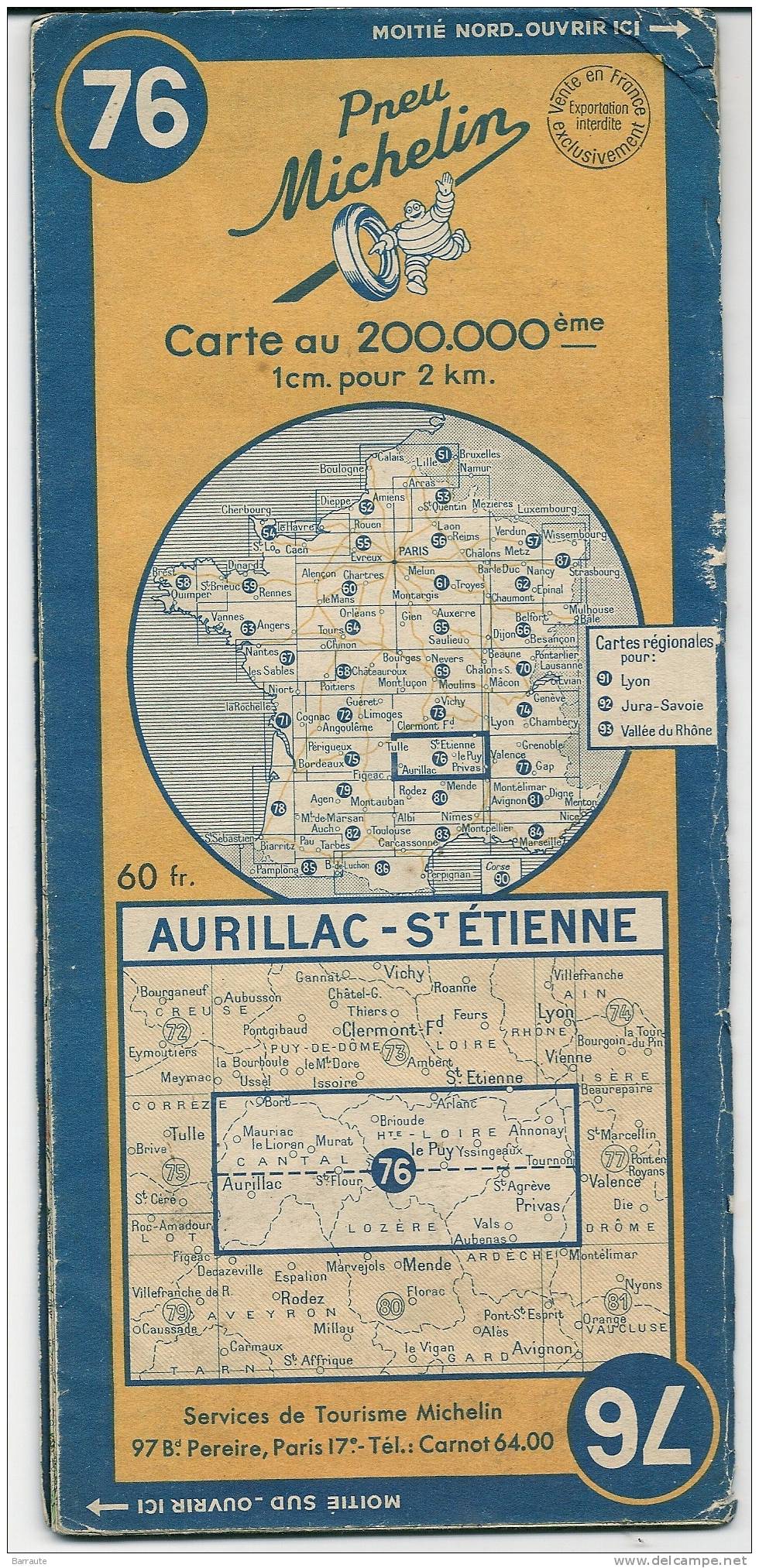 Carte Michelin N°76  AURILLAC - ST-ETIENNE  De 1949 - Cartes Routières