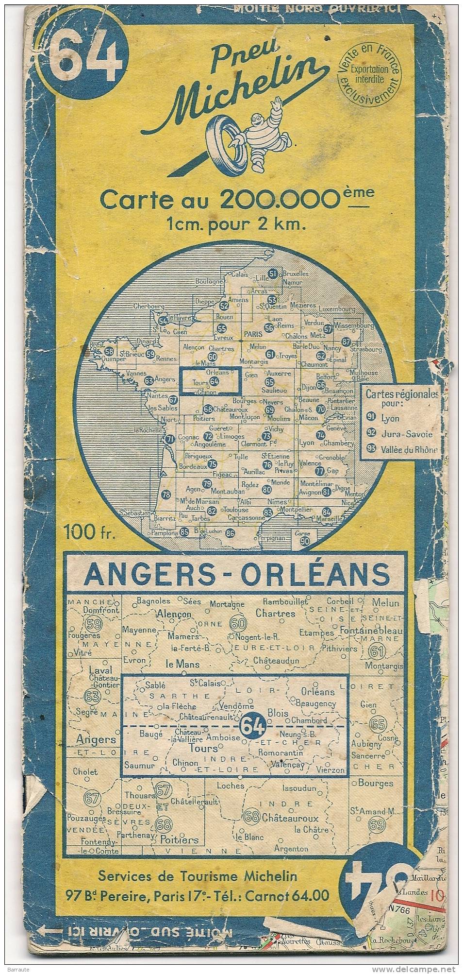 Carte Michelin N°64  ANGER - ORLEANS De 1951 . - Cartes Routières