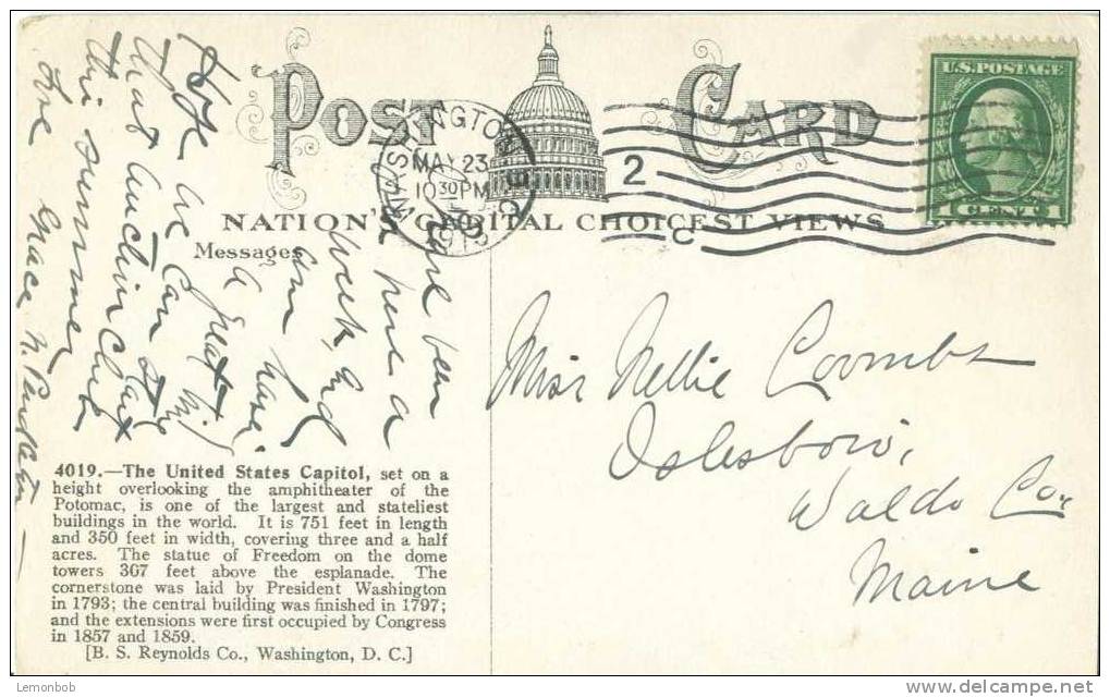 USA – United States – The Capitol, Washington 1913  Used Postcard [P3590] - Washington DC