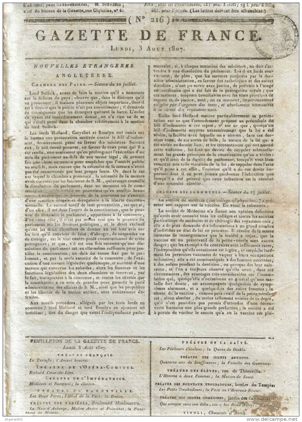 JOURNAL QUOTIDIEN "GAZETTE DE FRANCE" N°216 DU 3/08/1807 - 1er Quotidien De France L´ancêtre Du J.O - 1800 - 1849