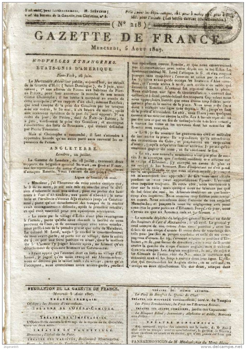 JOURNAL QUOTIDIEN "GAZETTE DE FRANCE" N°218 DU 5/08/1807 - 1er Quotidien De France L´ancêtre Du J.O - 1800 - 1849