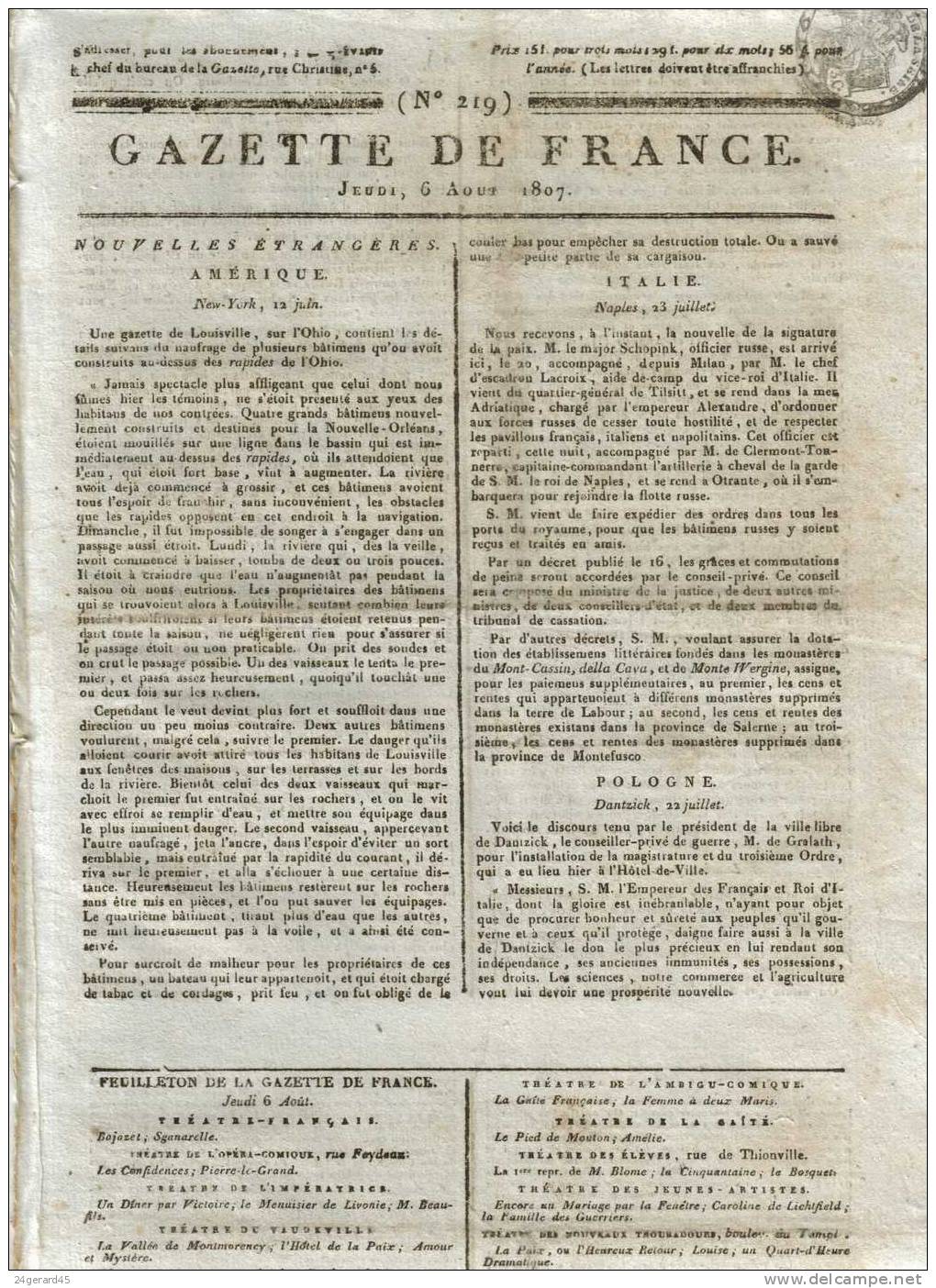JOURNAL QUOTIDIEN "GAZETTE DE FRANCE" N°219 DU 6/08/1807 - 1er Quotidien De France L´ancêtre Du J.O - 1800 - 1849