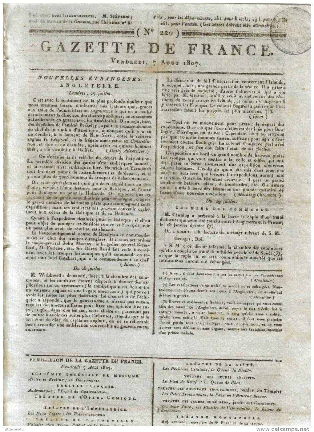 JOURNAL QUOTIDIEN "GAZETTE DE FRANCE" N°220 DU 7/08/1807 - 1er Quotidien De France L´ancêtre Du J.O - 1800 - 1849