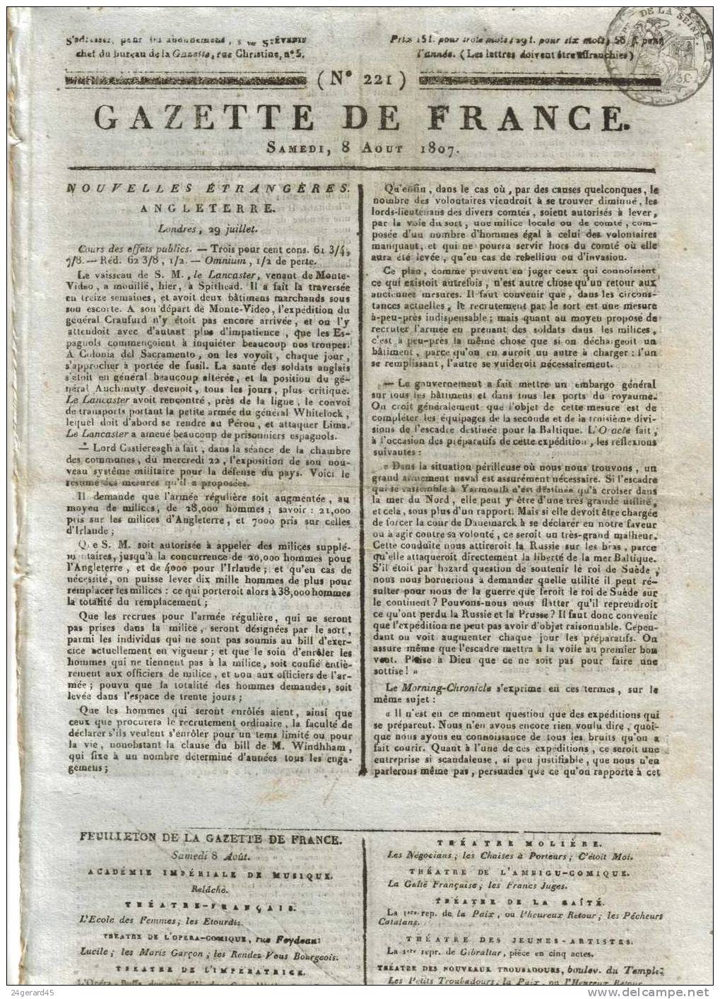 JOURNAL QUOTIDIEN "GAZETTE DE FRANCE" N°221 DU 8/08/1807 - 1er Quotidien De France L´ancêtre Du J.O - 1800 - 1849