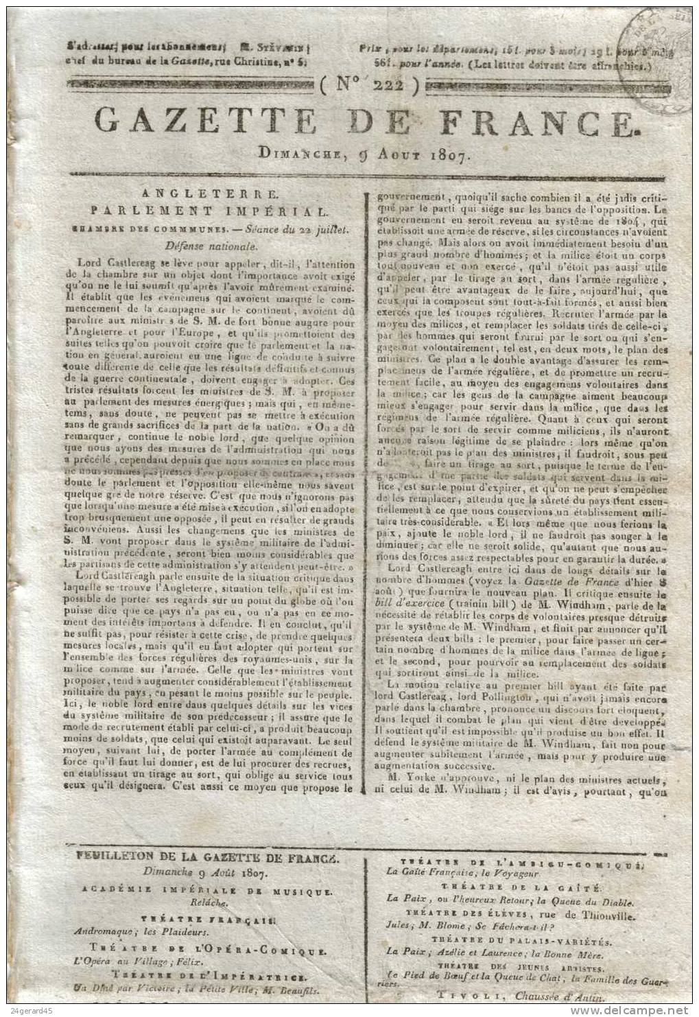 JOURNAL QUOTIDIEN "GAZETTE DE FRANCE" N°222 DU 9/08/1807 - 1er Quotidien De France L´ancêtre Du J.O - 1800 - 1849