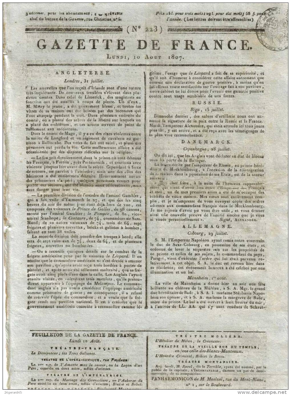 JOURNAL QUOTIDIEN "GAZETTE DE FRANCE" N°223 DU 10/08/1807 - 1er Quotidien De France L´ancêtre Du J.O - 1800 - 1849