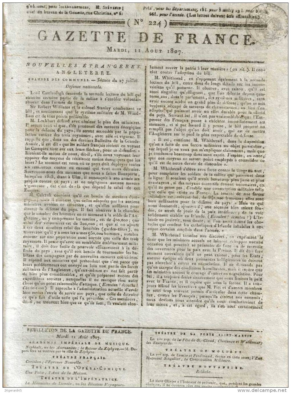 JOURNAL QUOTIDIEN "GAZETTE DE FRANCE" N°224 DU 11/08/1807 - 1er Quotidien De France L´ancêtre Du J.O - 1800 - 1849