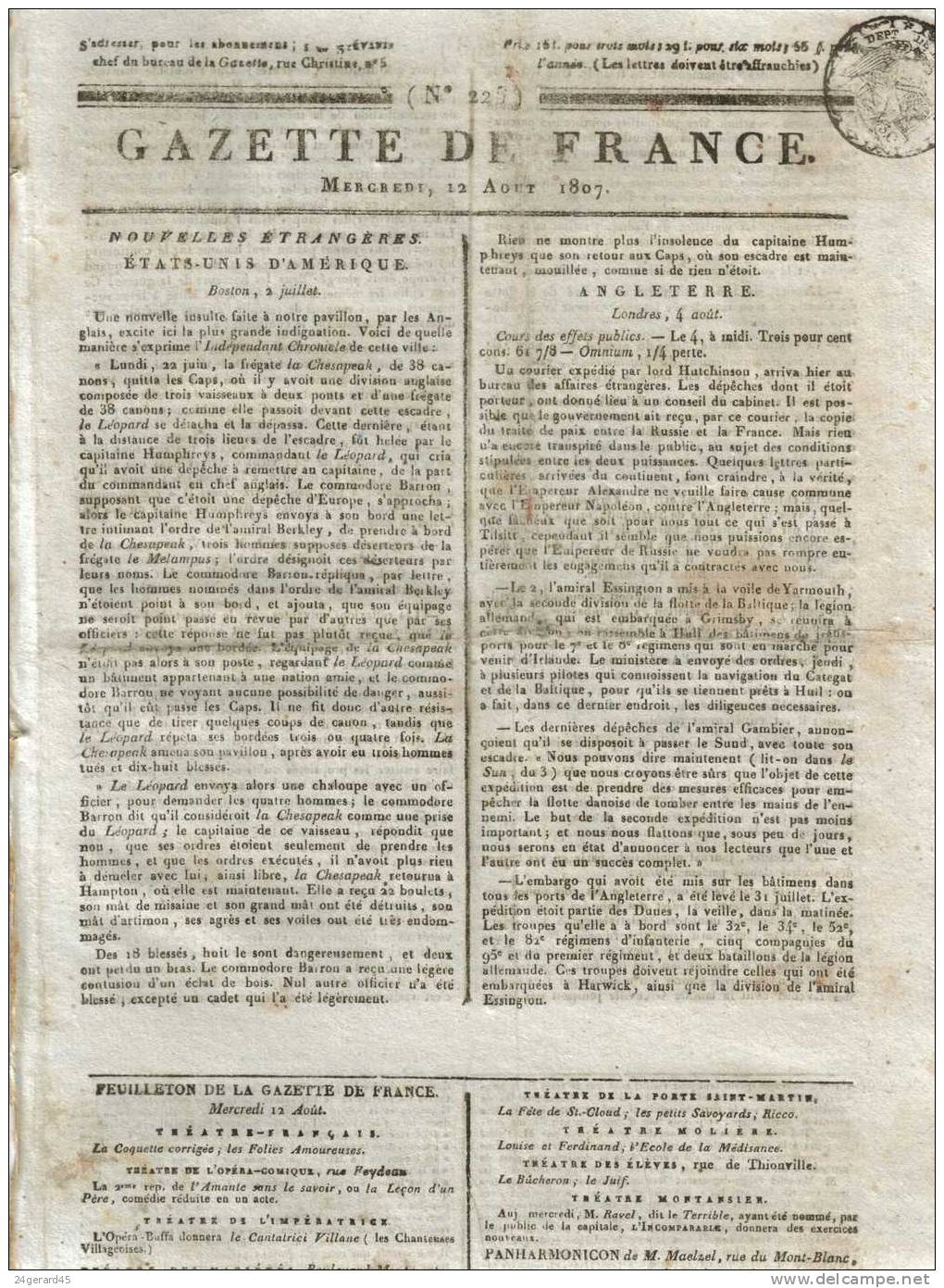 JOURNAL QUOTIDIEN "GAZETTE DE FRANCE" N°225 DU 12/08/1807 - 1er Quotidien De France L´ancêtre Du J.O - 1800 - 1849