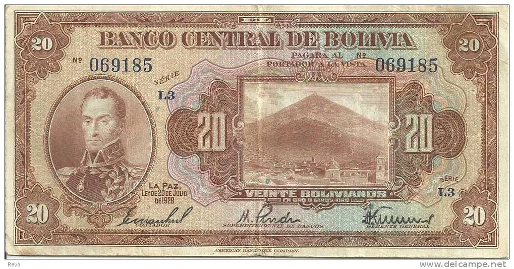 BOLIVIA 20 BOLIVIANOS BROWN  BOLIVAR MAN FRONT MOTIF BACK DATED 20-07-1928  P.122 VF READ DESCRIPTION !! - Bolivia