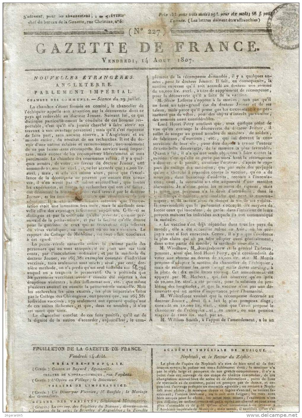 JOURNAL QUOTIDIEN "GAZETTE DE FRANCE" N°226 DU 13/08/1807 - 1er Quotidien De France L´ancêtre Du J.O - 1800 - 1849